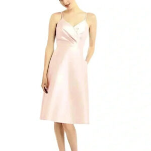 NWT ALFRED SUNG D777 Satin Twill V Neck Cocktail Dress In Blush Pink Size 12